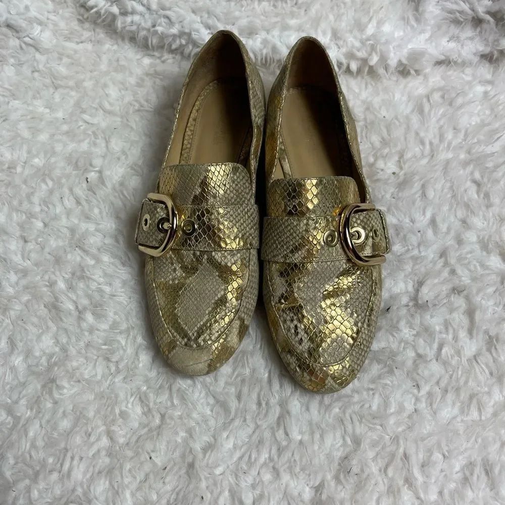 Michael Kors leather snake embossed metallic gold slip on loafers Size 7M